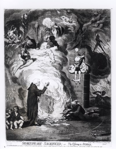 Shakespeare geopfert, oder Das Opfer für die Habgier, veröffentlicht 1789 von James Gillray
